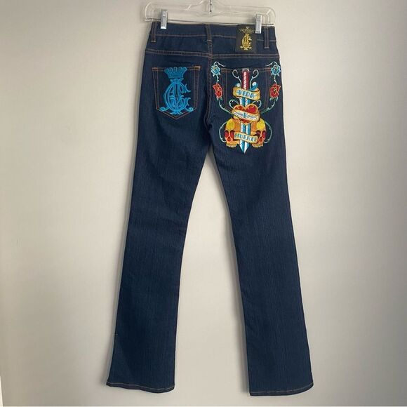 Christian Audigier Y2K Vida Y Muerte Embroidered Tattoo Inspired Bootcut Jeans - Picture 6 of 10